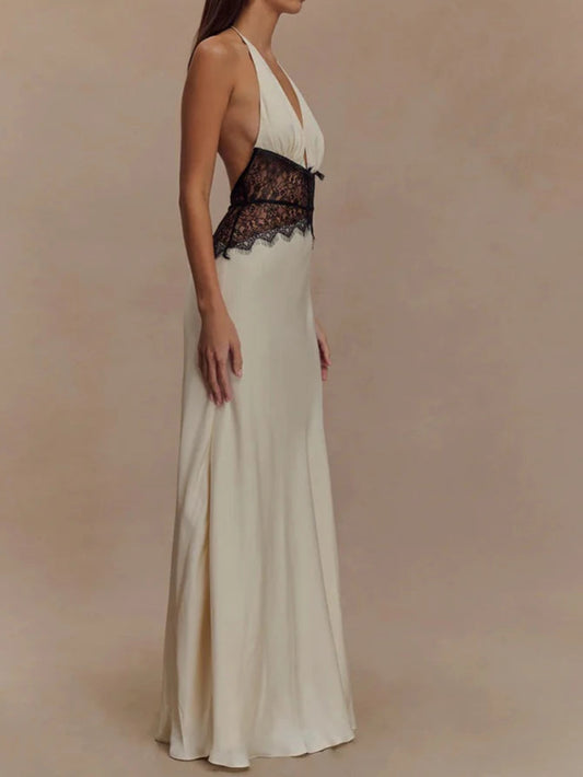 Backless Sexy Maxi Dress Women Gown Patchwork Lace Halter Deep V Neck Maxi Dress