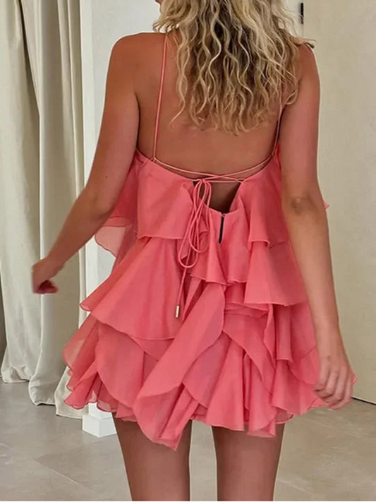 Chic Cascading Ruffles 3d Flower Short Mini Dress Halter Sleeveless Backless Party Dress