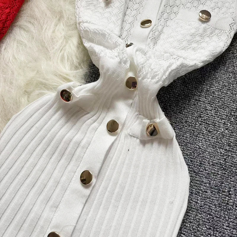 Casual Knitting Long Dress Women Buttons V Neck Hook Flower Hollow Out Chic Maxi Long Dress