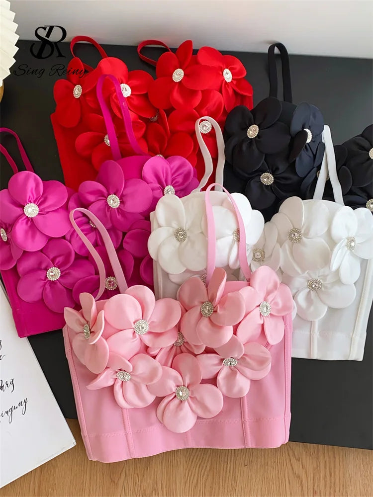 Women 3D Floral Lingerie Top Strap Chest Pad Solid Backless Corset Tank Top