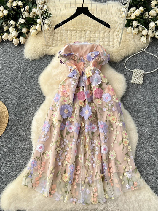 Embroidery Evening Long Dress Strapless Sleeveless Zipper 3D Floral Sundress French Cocktail Dress