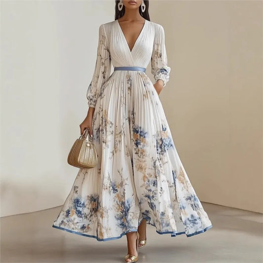 Fashion Floral Print Patchwork Bohemian Dress Woman Sexy Deep V Neck Hollow Long Dress Maxi Dress