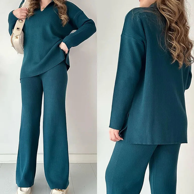 Women Knitted Two Piece Pant Sets Sweater V Neck Sweater Loose Pullover Matching Sets
