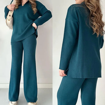 Women Knitted Two Piece Pant Sets Sweater V Neck Sweater Loose Pullover Matching Sets