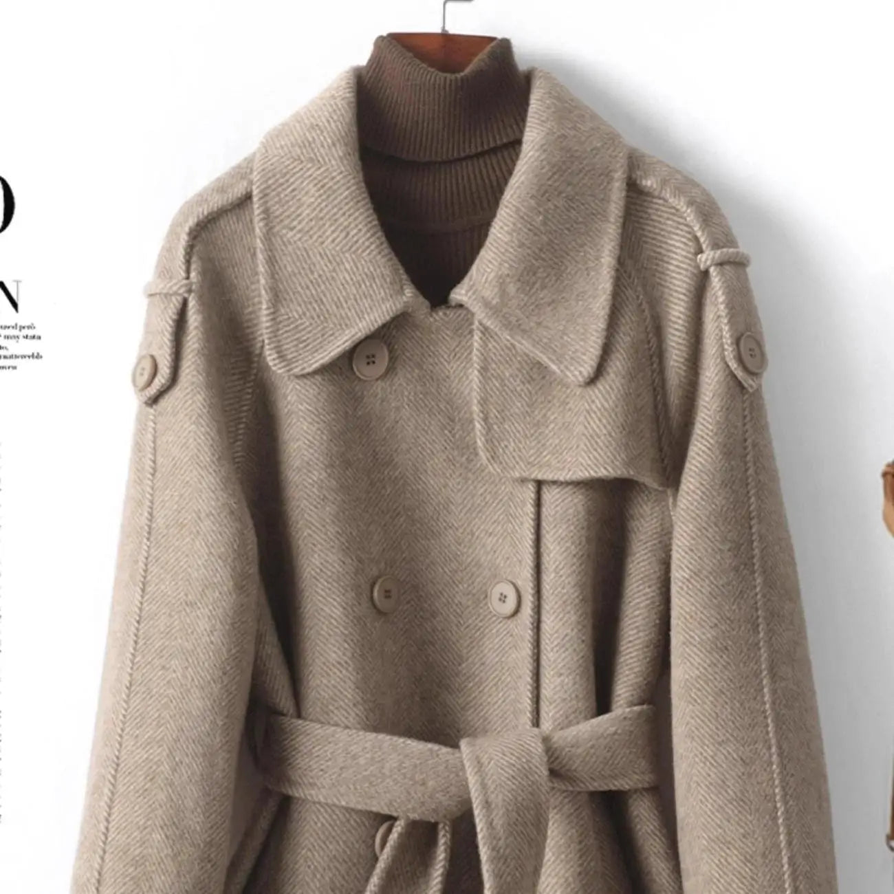 Woolen Coat New British style POLO collar Lace up Double breasted Coat