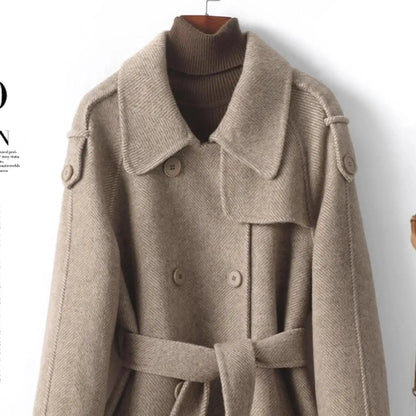 Woolen Coat New British style POLO collar Lace up Double breasted Coat