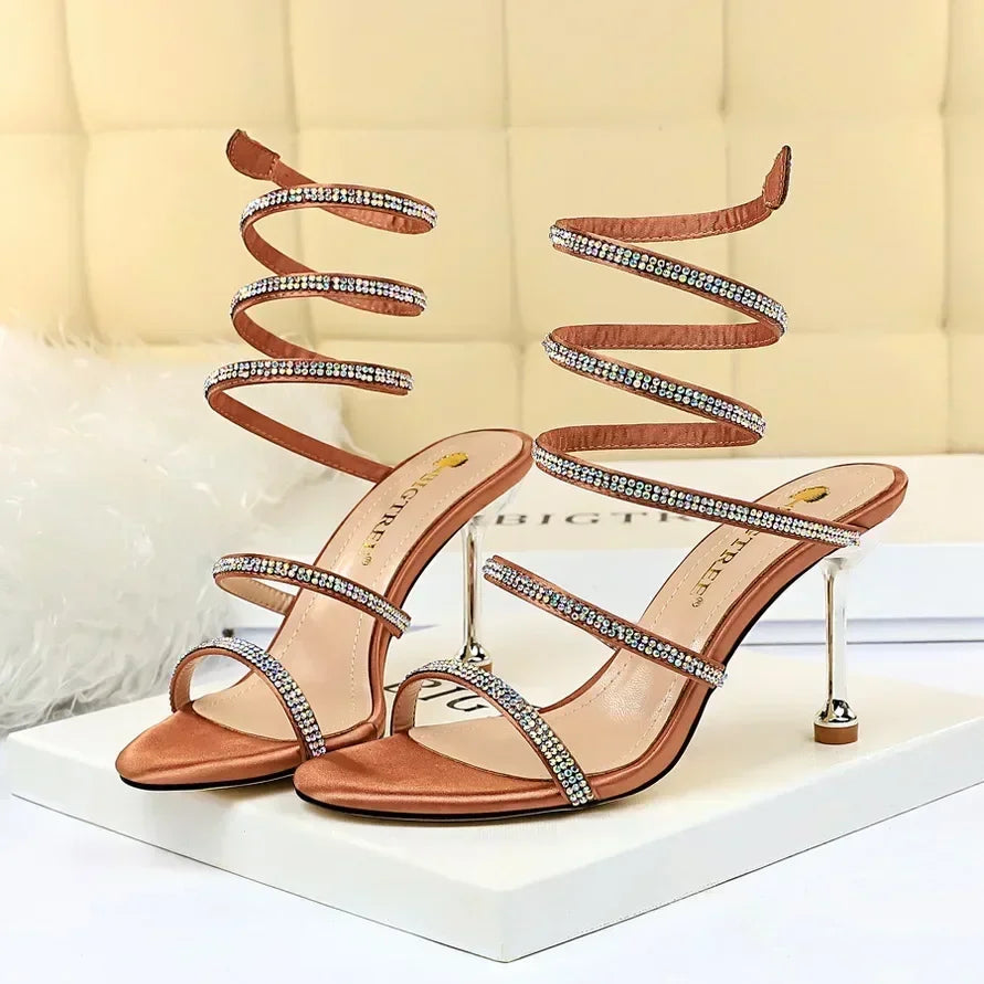 Women Luxury Party 8.5cm High Heels Summer Sexy Nightclub Sandals Female Red Green Ankle Strappy Roman Gladiator Crystal Sandles