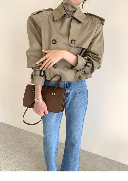 Vintage Double Breasted Crop Jacket Trench Jackets Women Loose Chic Windbreaker