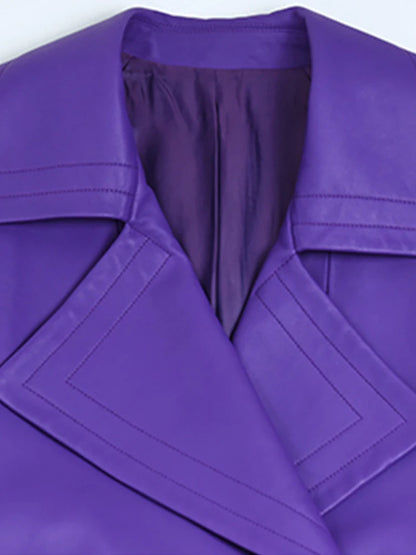 Elegant Purple Colored Faux Leather Trench Coat for Women Sashes Runway Coat