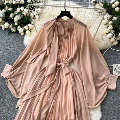 Women Elegant Long Flare Sleeves Vintage Bow neck Bow Loose Midi Dress