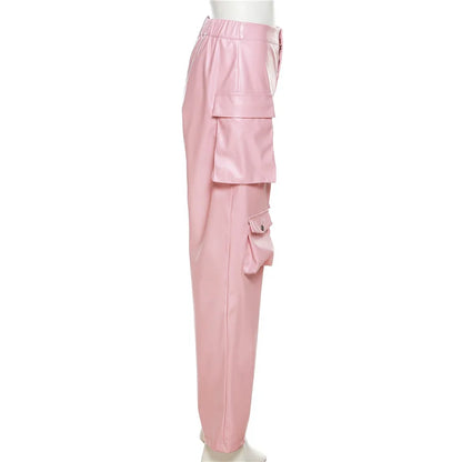 Pink Cargo Pants for Women 2024 Spring Straight Leg Solid Multi-Pocket Pants