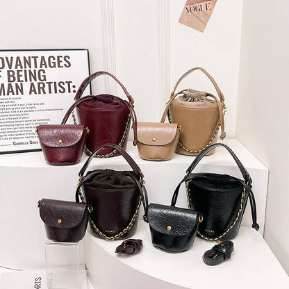 Retro Bucket Crossbody Bags For Women Oil-waxed Leather 2-IN-1 Chain Shoulder Bag