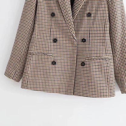 Women's Elegant Open Front Coat Retro Button Suit Coats Plaid Long Sleeve Flannel Lapel Blazer