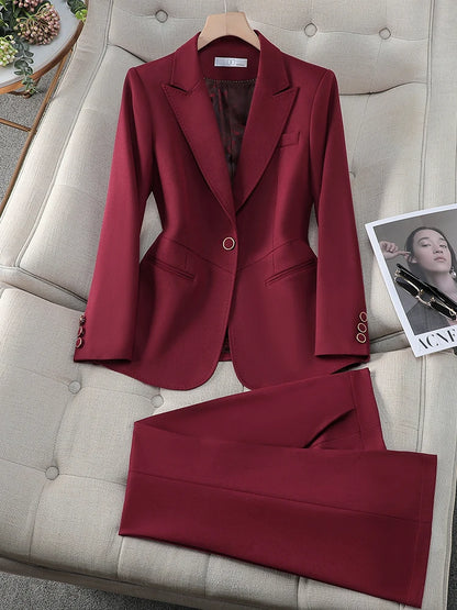 Formal Pant Suit 2 Piece Set Women Green Khaki Red Female Long Sleeve Business Work Wear Blazer
