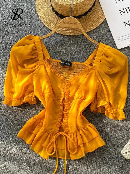 French Style Chiffon Blouse Square Neck Short Sleeves Ruffles Lace Up Beach Top