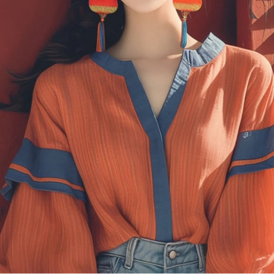 Vintage Satin Blouse Patchwork Women Loose Shirt
