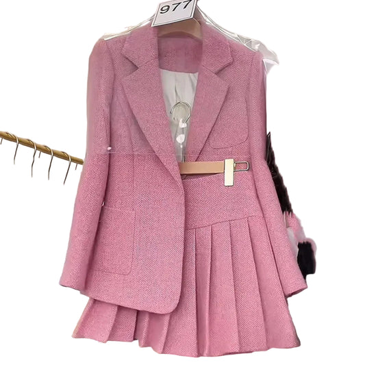 Women two-piece skirt set spliced high-end suit top + pleated skirt set