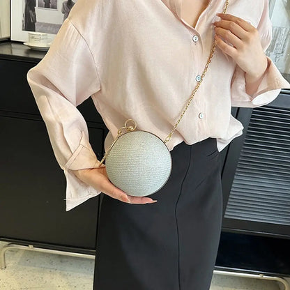 Gold Bright Silk Circular Evening Bag Women Banquet Clutch Rhinestone Chain Shoulder Bags