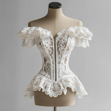French Corset Blouse Lace Ruffle Off Shoulder Zip Up Tube Tops