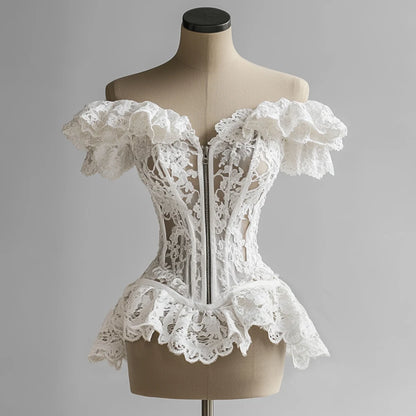French Corset Blouse Lace Ruffle Off Shoulder Zip Up Tube Tops