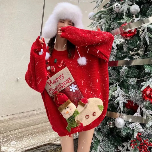 Christmas Sweater Loose New Lazy Thick Sweater Three-dimensional Cartoon Red Sweater