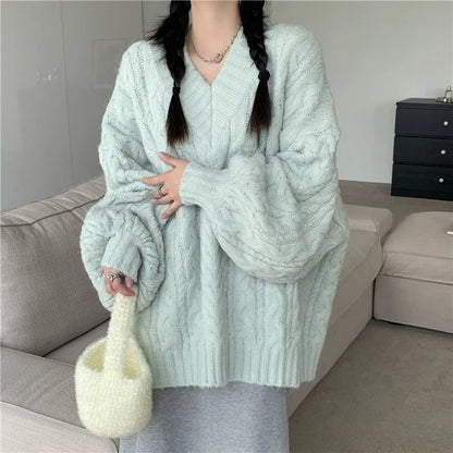 Harajuku Women Sweater Cute Oversized Knitted Pullover V Neck Sweater