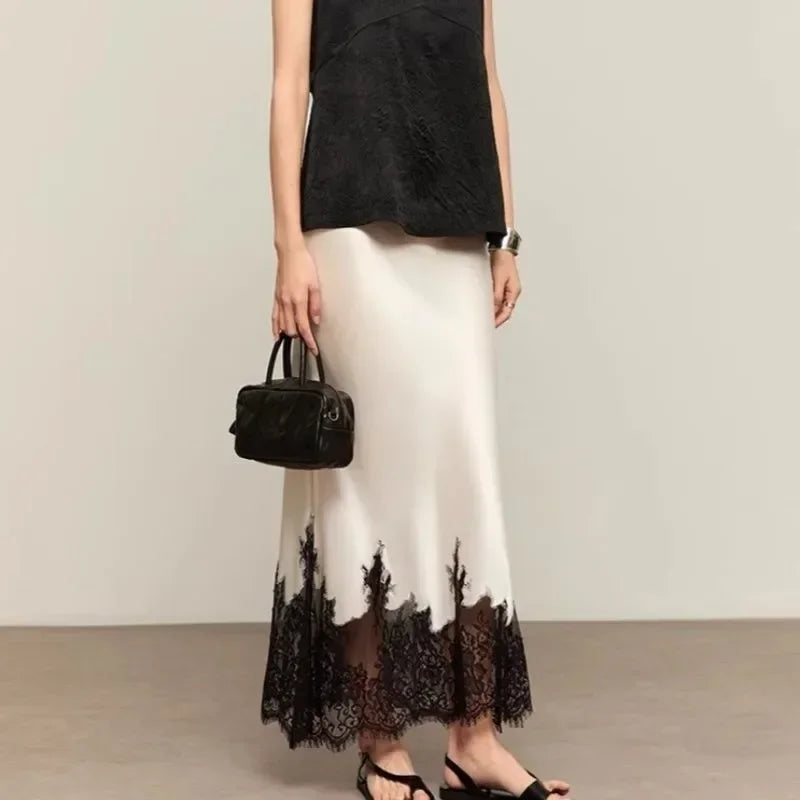 Fairy Lace-Trim Satin Midi Skirt High Waist Elegant Wrapped Hip Long Skirts