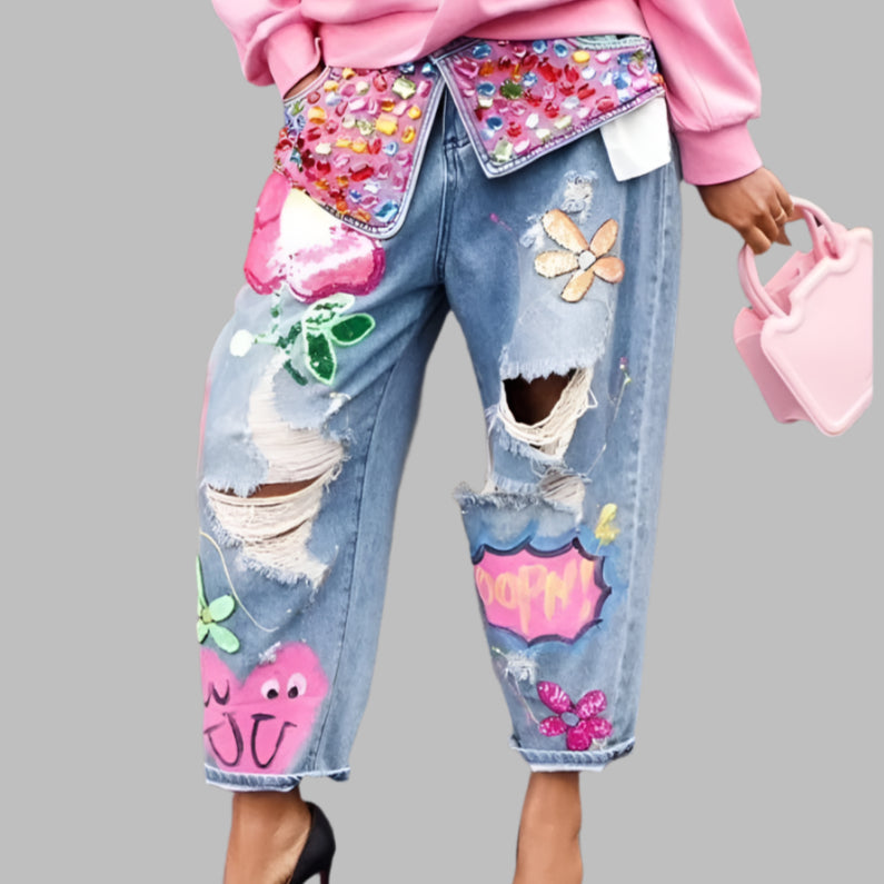 Diamond Splicing Loose Jeans Women High Waist Button Pocket Denim Trousers Casual Female Streetwear