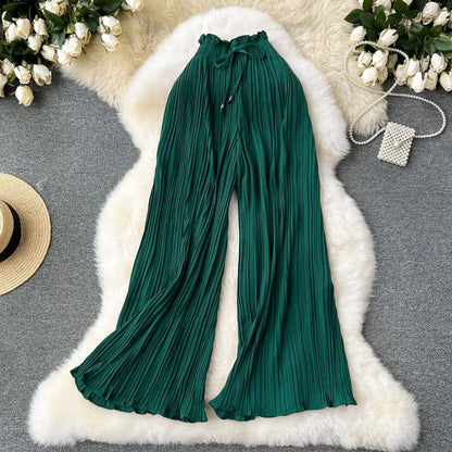 Women Long Pants Wide Leg Pant Solid Loose Casual Lace Up Tight High Waist Capris Regular Pleated Trousers