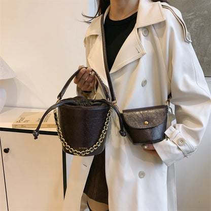 Retro Bucket Crossbody Bags For Women Oil-waxed Leather 2-IN-1 Chain Shoulder Bag