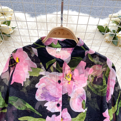Floral Print Women Shirt Summer Lantern Sleeve Retro French Loose Blouse