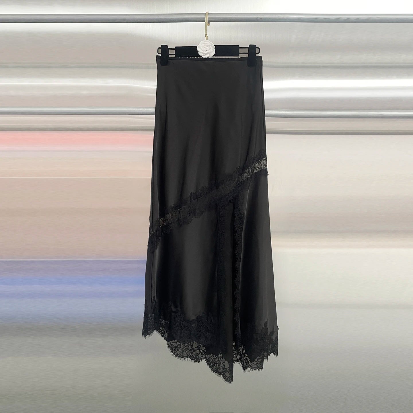 Sexy Asymmetrical Long Skirts Lace Hem Satin Skirt for Women