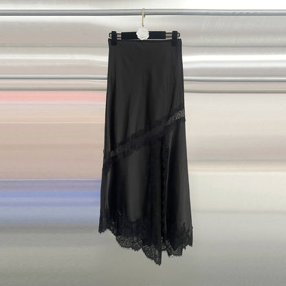 Sexy Asymmetrical Long Skirts Lace Hem Satin Skirt for Women