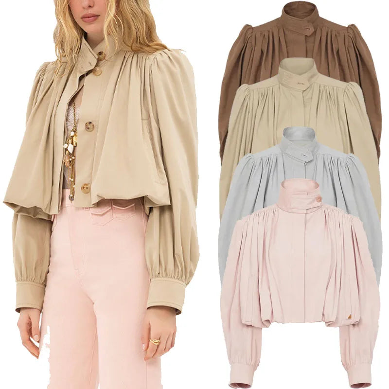 Pleated Stand Collar Jacket For Women Crop Trench Coat Outwear Jackets