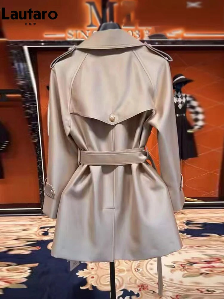 Autumn Khaki Satin Trench Coat for Women British Style Belted Double Breasted Coat