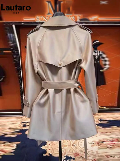 Autumn Khaki Satin Trench Coat for Women British Style Belted Double Breasted Coat