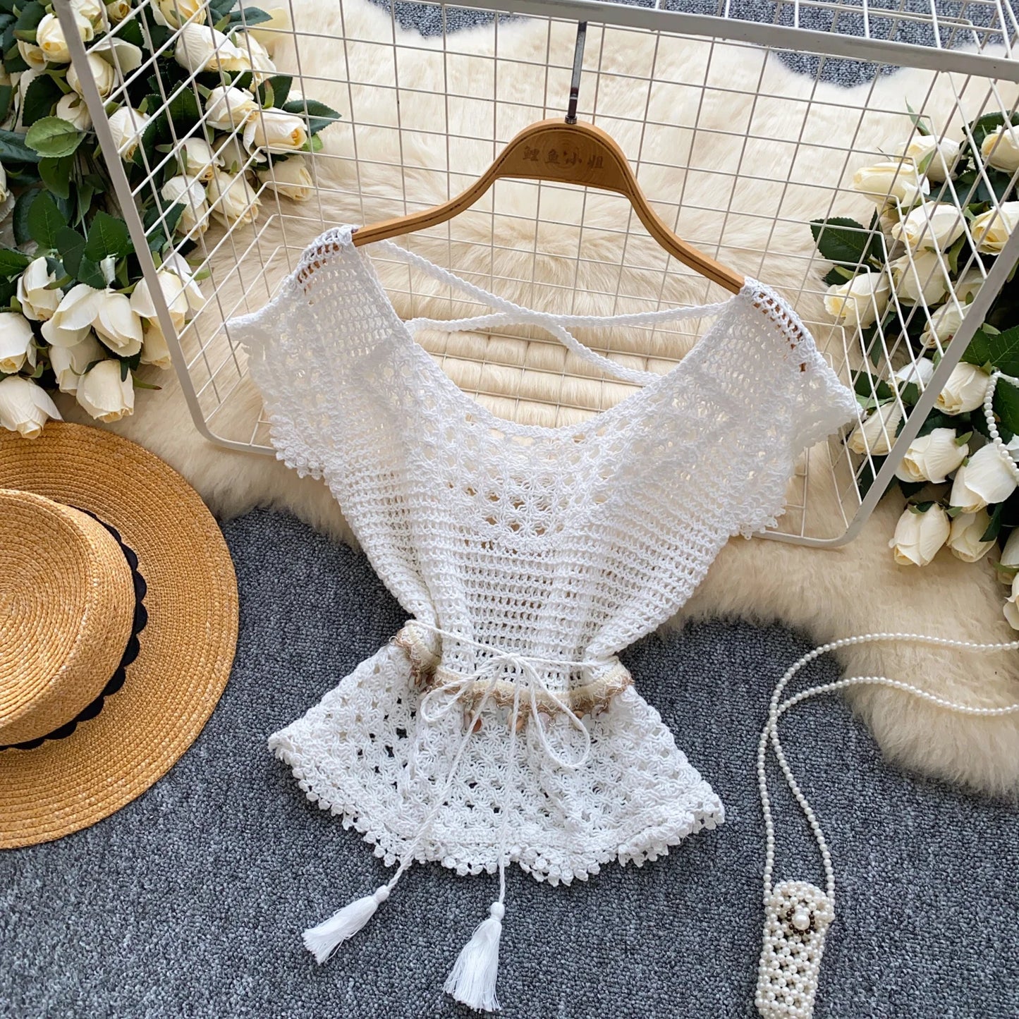 Bohemian Tassel Knit Tops Women Lace Up V Neck Elastic Summer Blouse Vacation Blouse