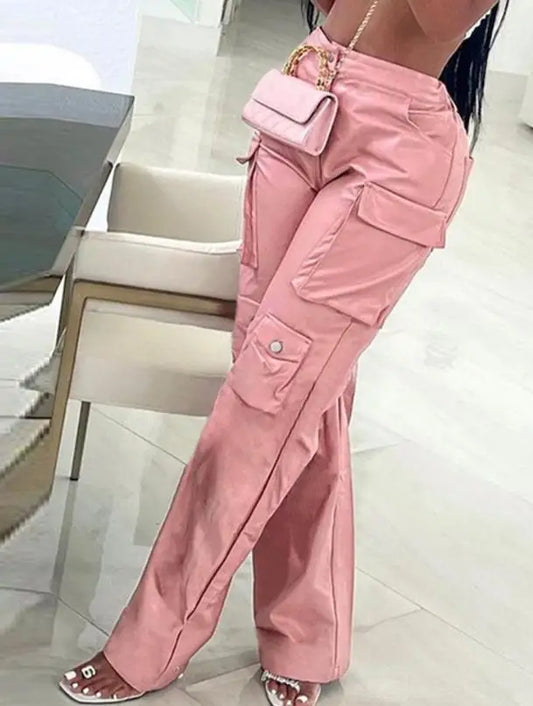 Pink Cargo Pants for Women 2024 Spring Straight Leg Solid Multi-Pocket Pants