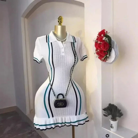 YuooMuoo Chic Fashion Sexy Wrap Hips Knitted Mini Dress 2025 Ins Hot Y2K Women Patchwork Ruffled Bodycon Summer Dress Streetwear