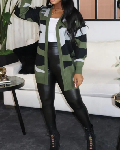 Women Camouflage Long Sleeve Open Stitch Cardigans Sweater Tops