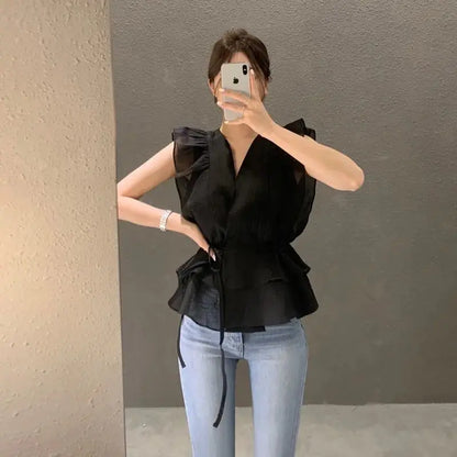 Lace Up Top Ruffled V-neck Sleeveless Shirts Blouse for Women