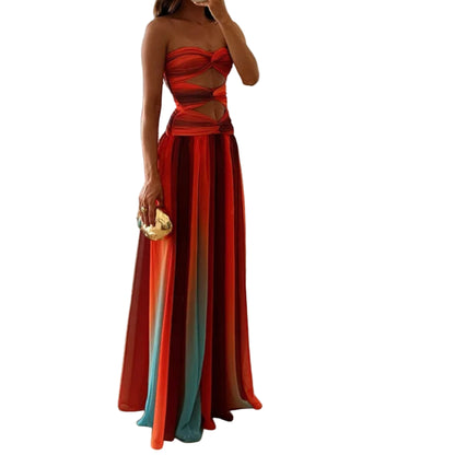 Tie-dye Gradient Hollow Out Women's Maxi Dress Elegant Off Shoulder Long Dresses