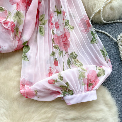 Floral Print Loose Shirt Women Lantern Sleeve V Neck Thin Causal Ruffle Blouse