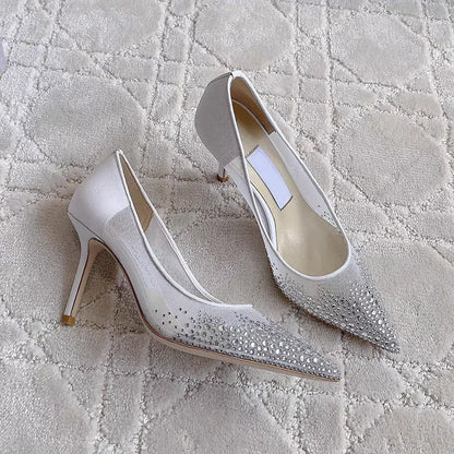 Mesh Pointed Shallow Mouth Sexy Pump Heels Stiletto Shoes Bridal Shoes