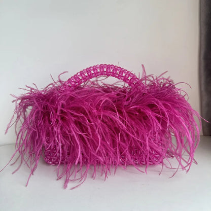 Pearl Bead Bag With Feather Fur Designer Brand Clear Acrylic Crystal Handbag Handmade