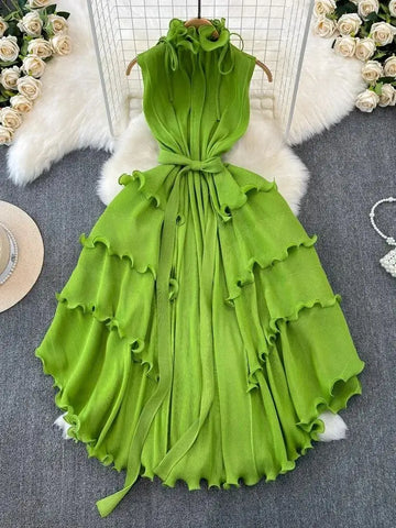 Elegant Pleated Dress Women's Stand Collar Lace Up Sleeveless Elastic Oversized Ruffles Boho Robe Loose Dress