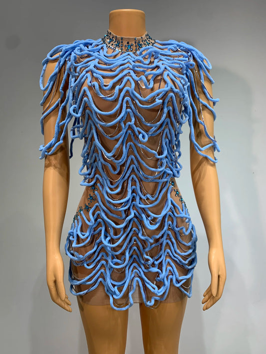 Mesh Rhinestones Chain Mini Dress Nightclub Party Performance Outfit