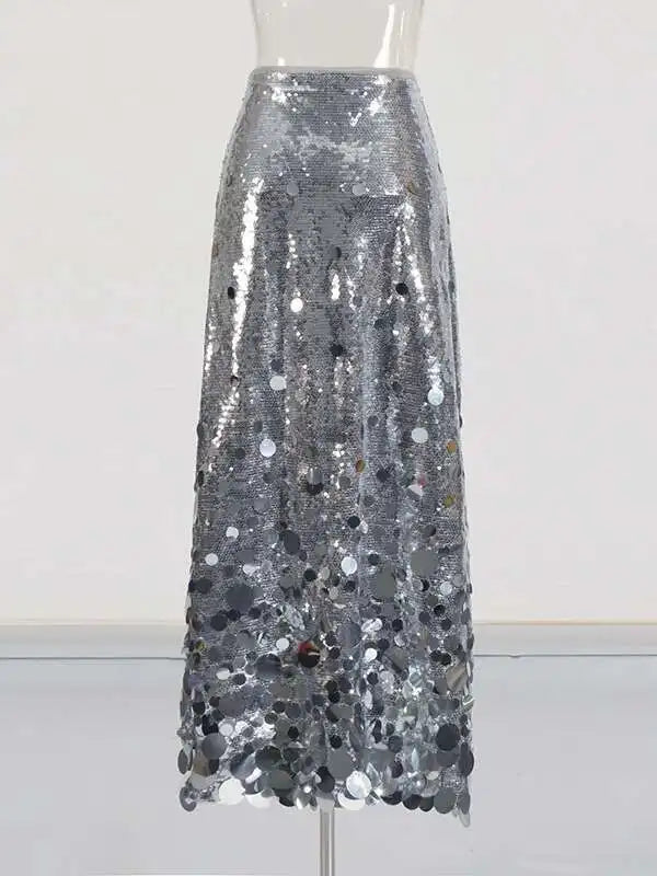 Solid Patchwork Sequins Chic Skirts For Women High Waist Zipper A Line Skirts