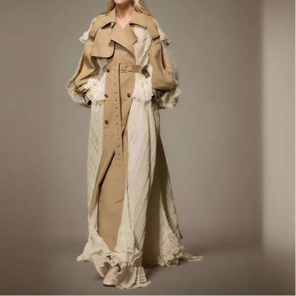 Lace Patchwork Trench Coat Women's Lapel Loose Double Breasted Windbreaker