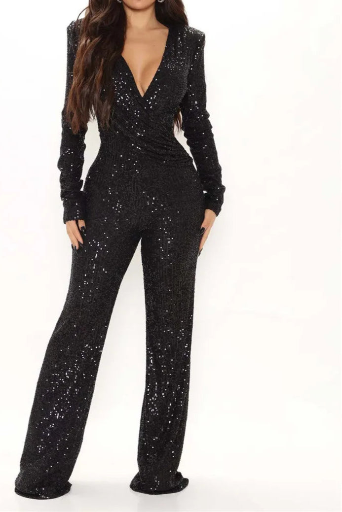 Sequin Jumpsuit Women Deep V Neck Slim Sequin Romper Women Jumpsuits